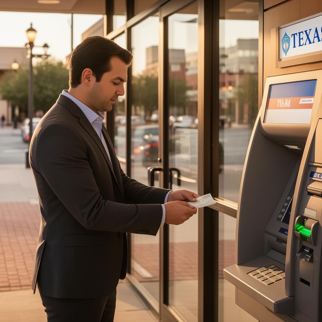 Man depositing a check at a bank ATM with a Texas city street visible through glass doors