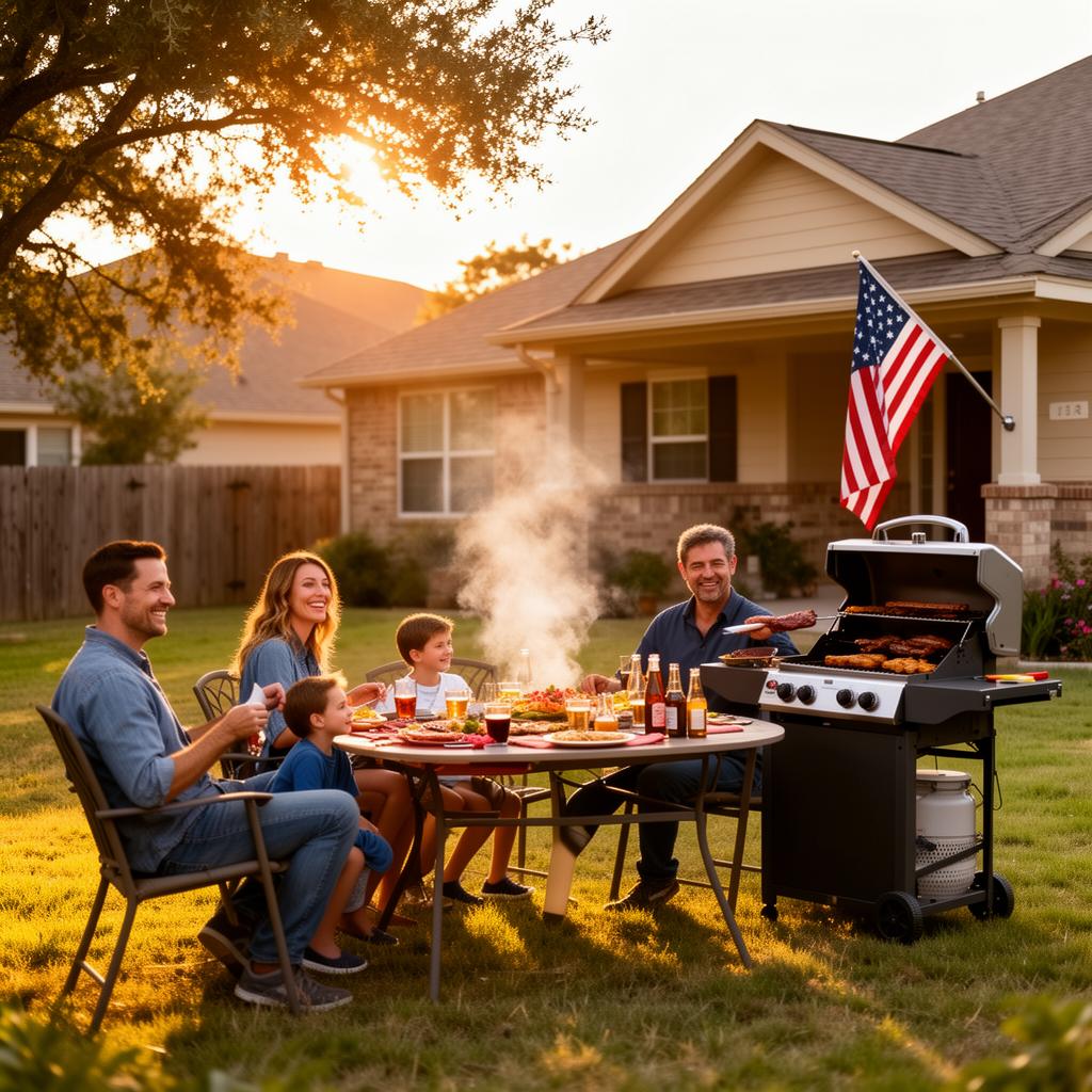 Family enjoying a backyard barbecue in Texas with an American flag visible during golden hour