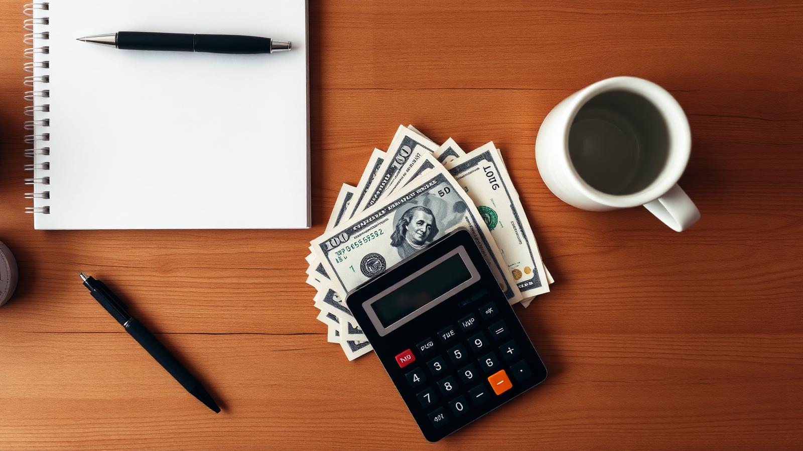 A calculator, dollar bills, and a notepad on a wooden desk representing manual bonus tax calculation