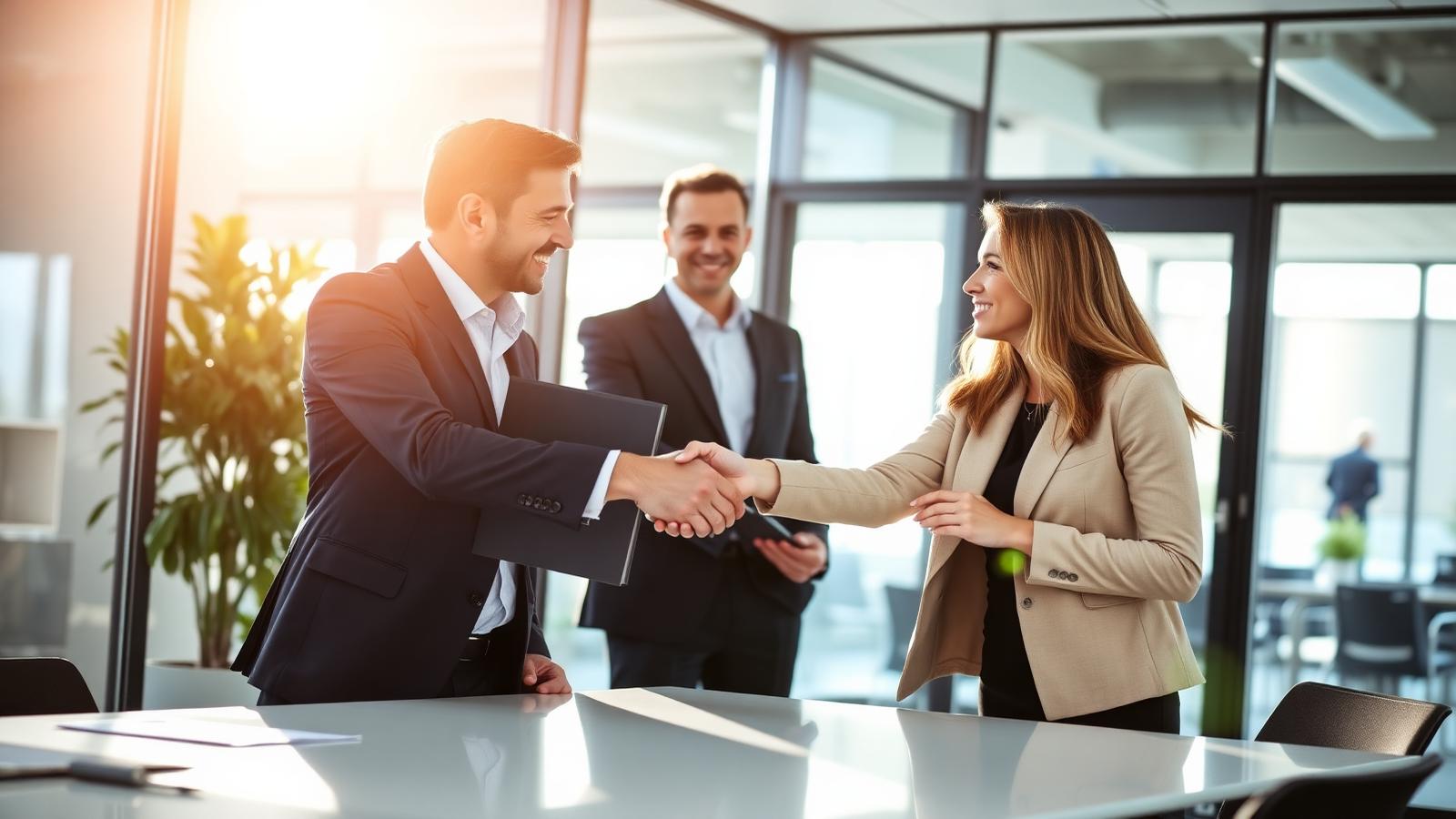 Two professionals shaking hands after finalizing a bonus offer at a bright office table