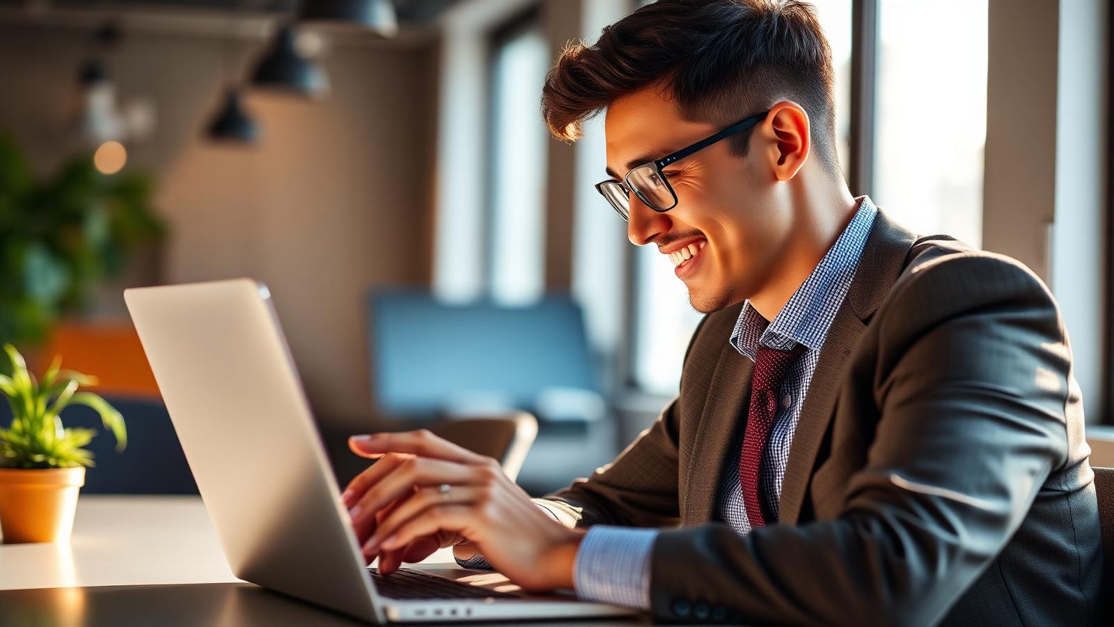 Office worker smiling at a laptop after seeing a bonus arrive