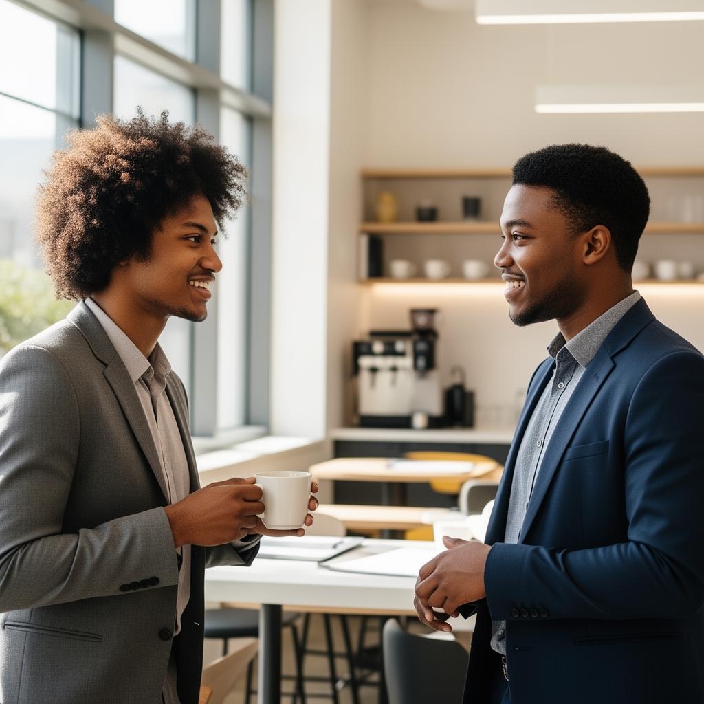 Two coworkers having a casual conversation in an office break room, one holding a coffee cup