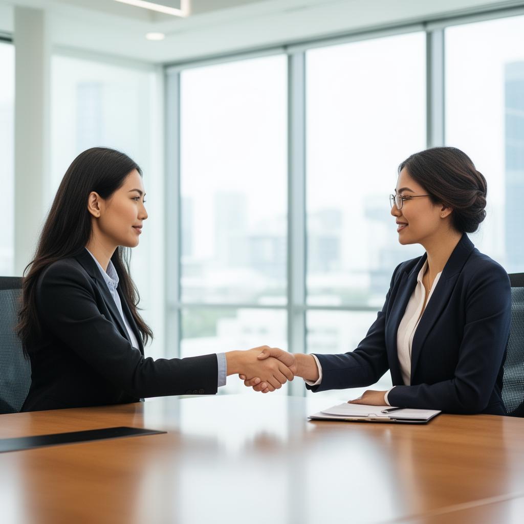 Woman in professional attire shaking hands across a desk during a job interview in a modern conference room