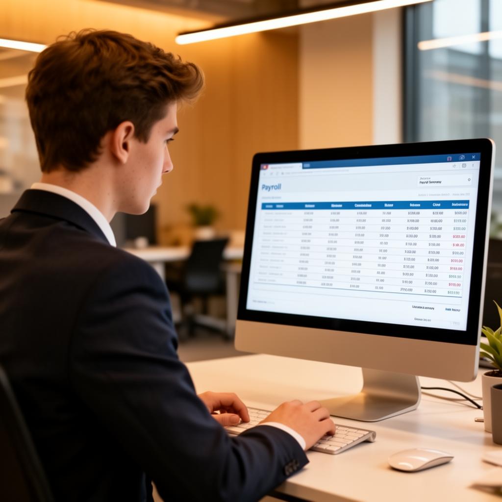 Young employee in business attire reviewing payroll information on a computer screen in a modern office