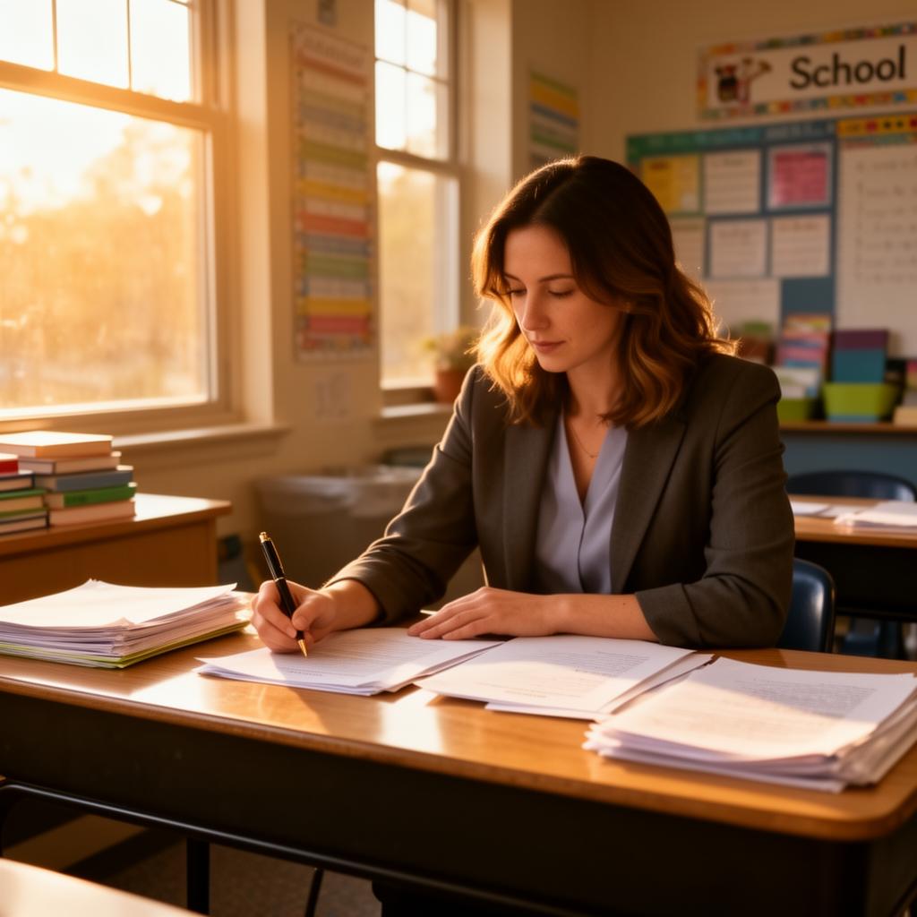 Teacher grading papers at a classroom desk in late afternoon sunlight
