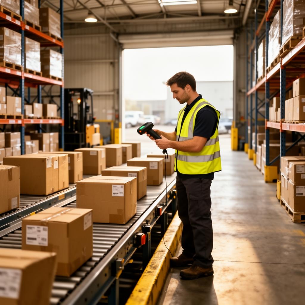 Warehouse worker scanning packages on a loading dock in an industrial setting