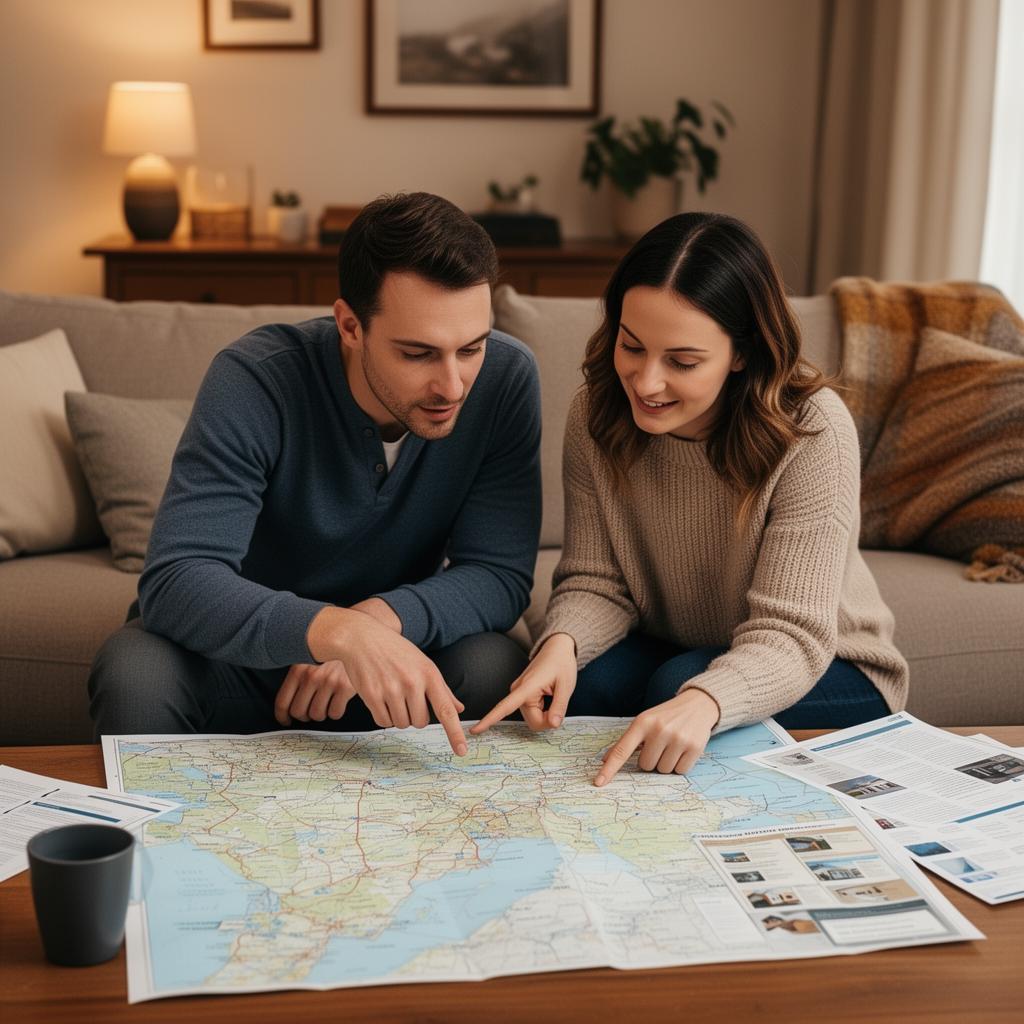 Couple looking at a map spread on a table, pointing at different locations while considering relocation