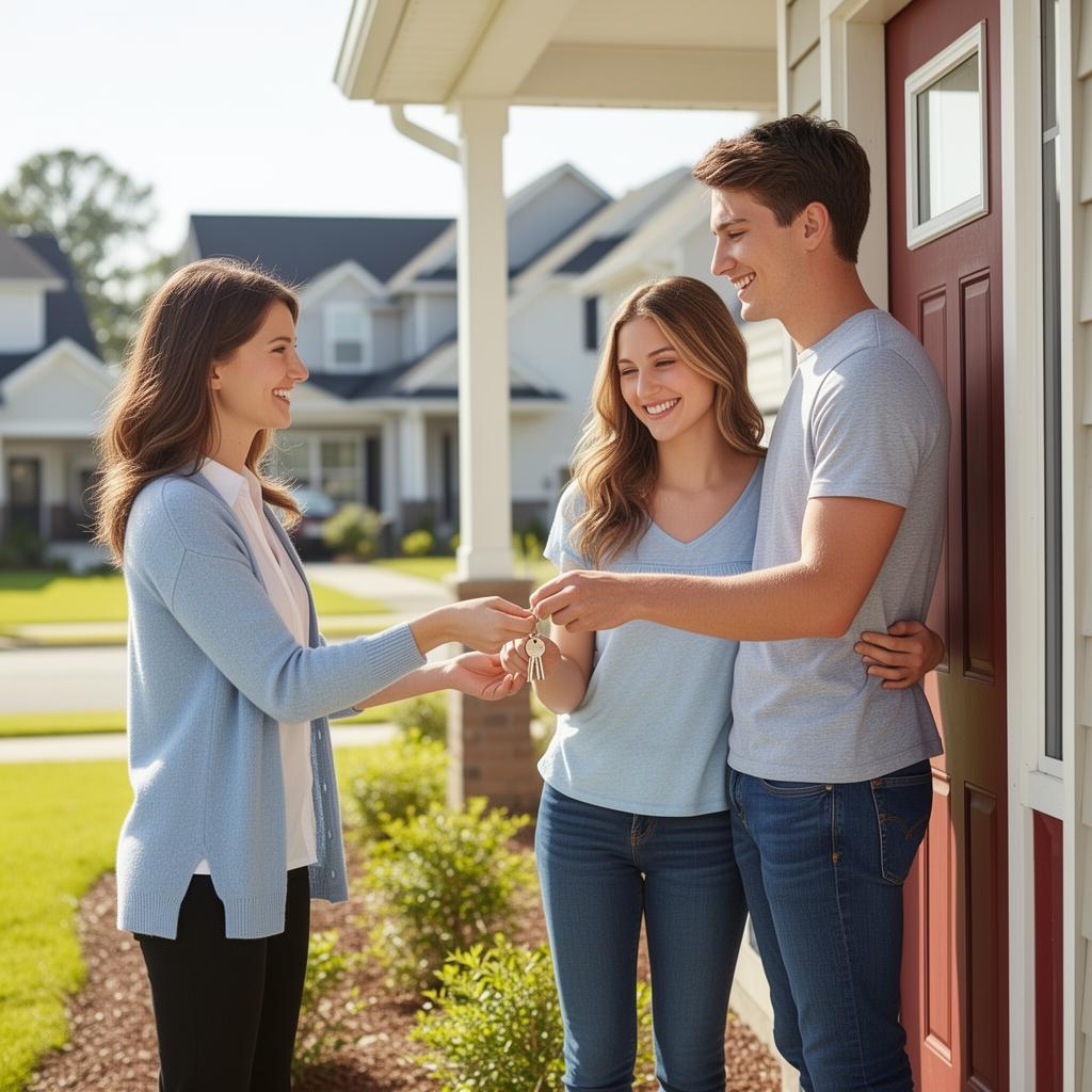 Real estate agent handing house keys to a happy young couple at the doorstep of their new home
