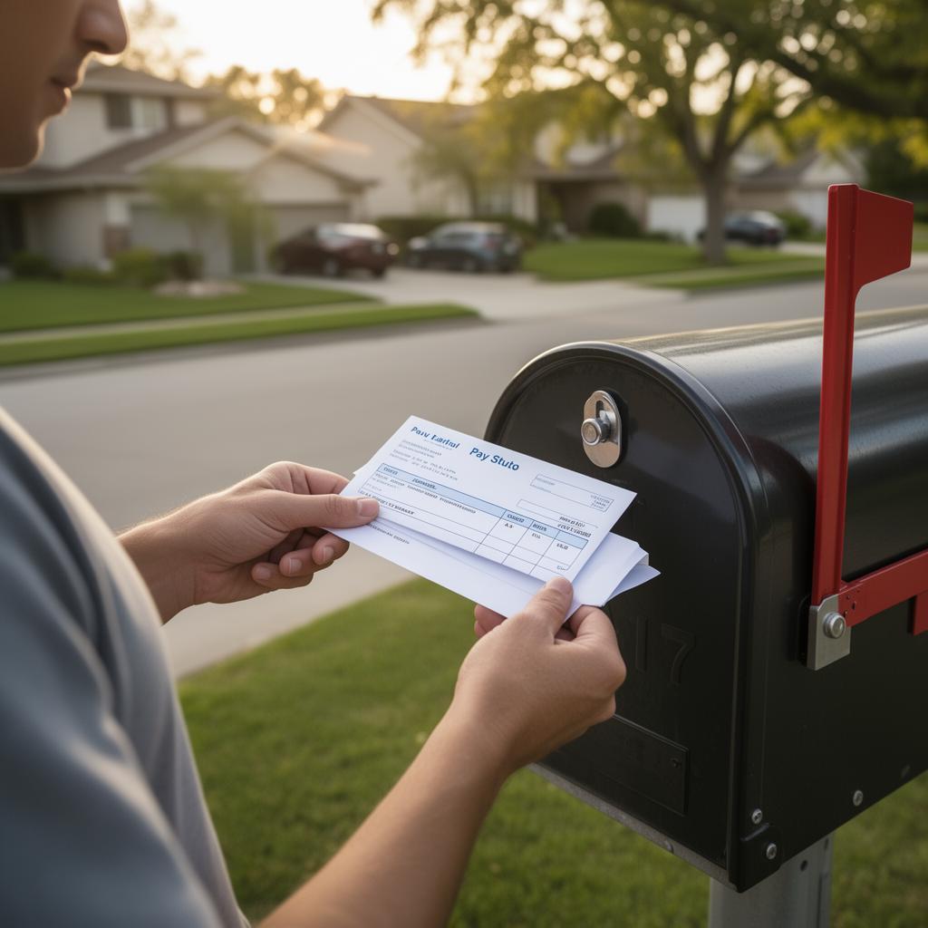Person picking up a pay stub from a suburban mailbox on a sunny afternoon
