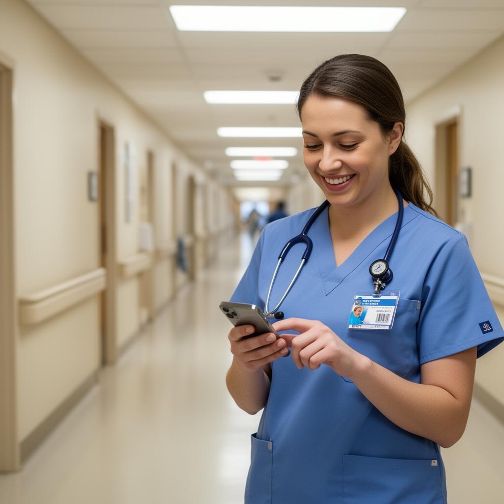 Smiling nurse in scrubs checking her phone during a break in a hospital hallway
