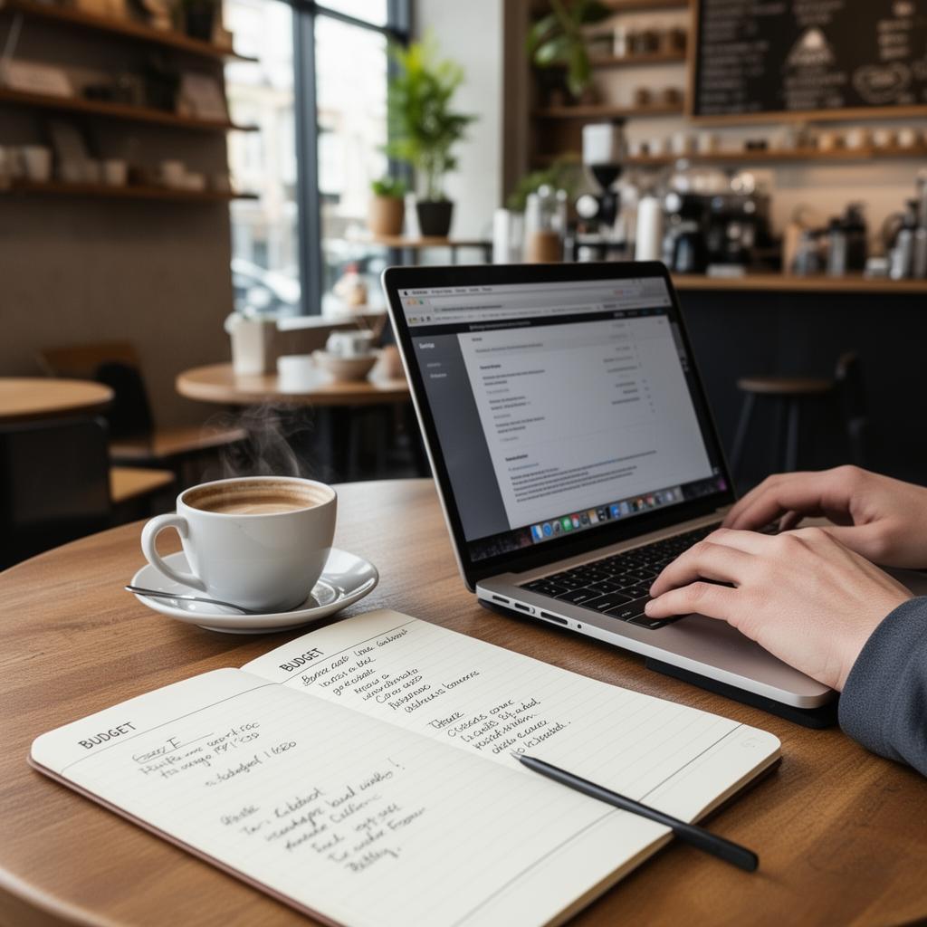 Freelancer working on a laptop at a coffee shop with a notebook of budget notes beside them