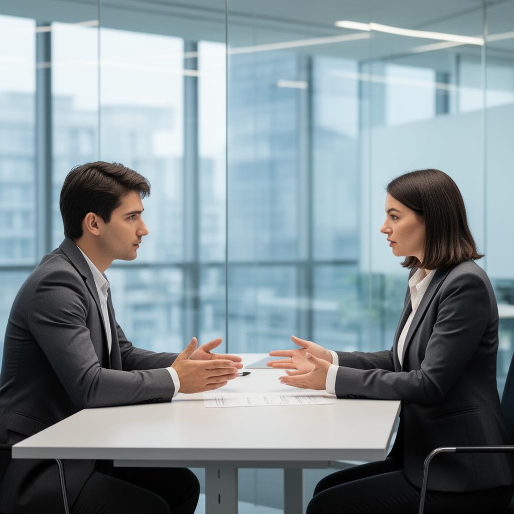 Two professionals discussing salary expectations across a desk in a modern glass office