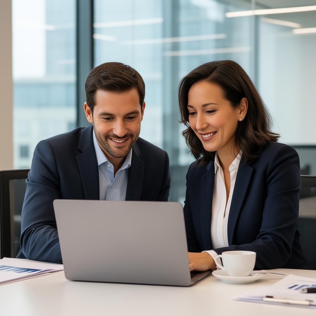 Financial advisor meeting with a client in a modern office, both looking at a laptop screen together