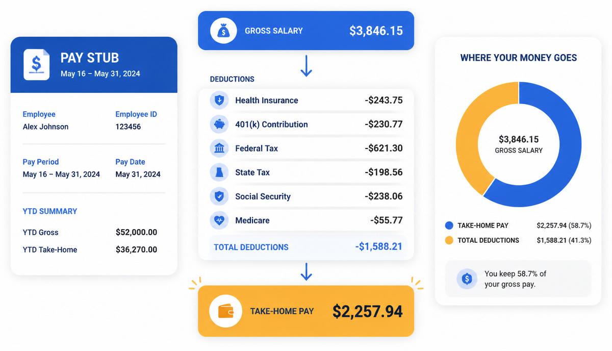 Illustration of a pay stub showing gross salary, federal tax, state tax, Social Security, Medicare and 401(k) deductions flowing down to take-home pay, with a donut chart of where the money goes