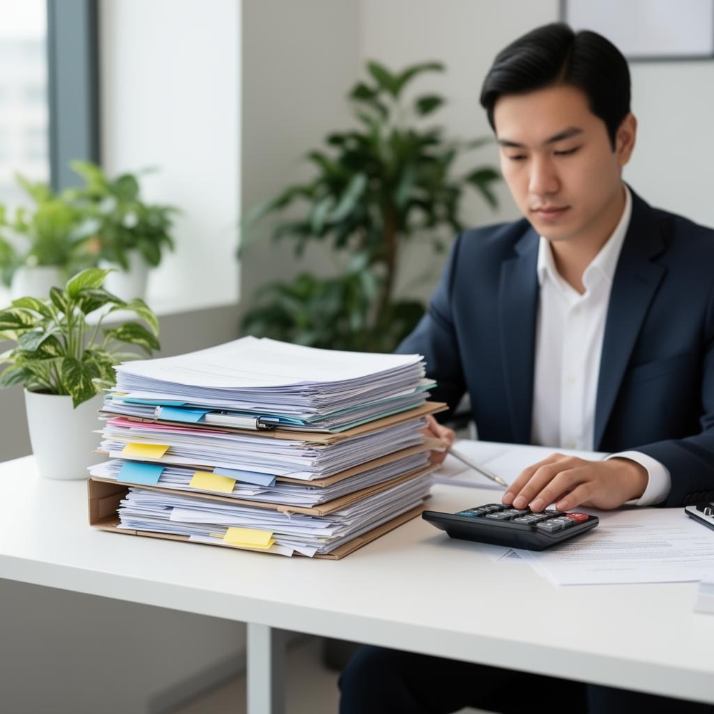 Accountant at a desk with organized files and a calculator in a modern office with plants
