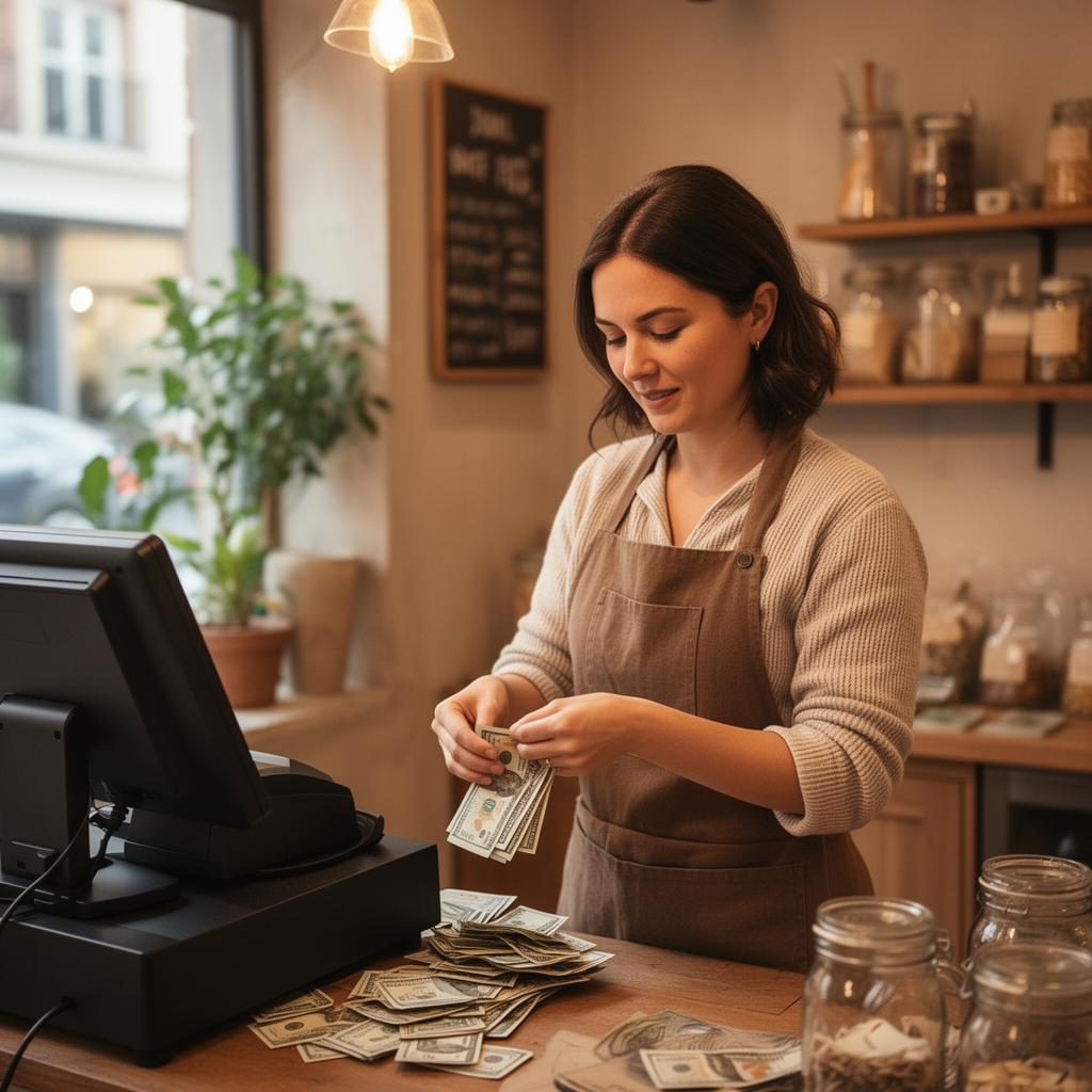 Small business owner counting earnings at a register in a cozy shop