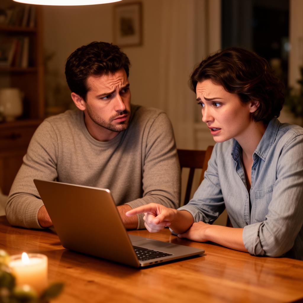 Person sitting at a kitchen table reviewing multiple bank statements with a pen in hand