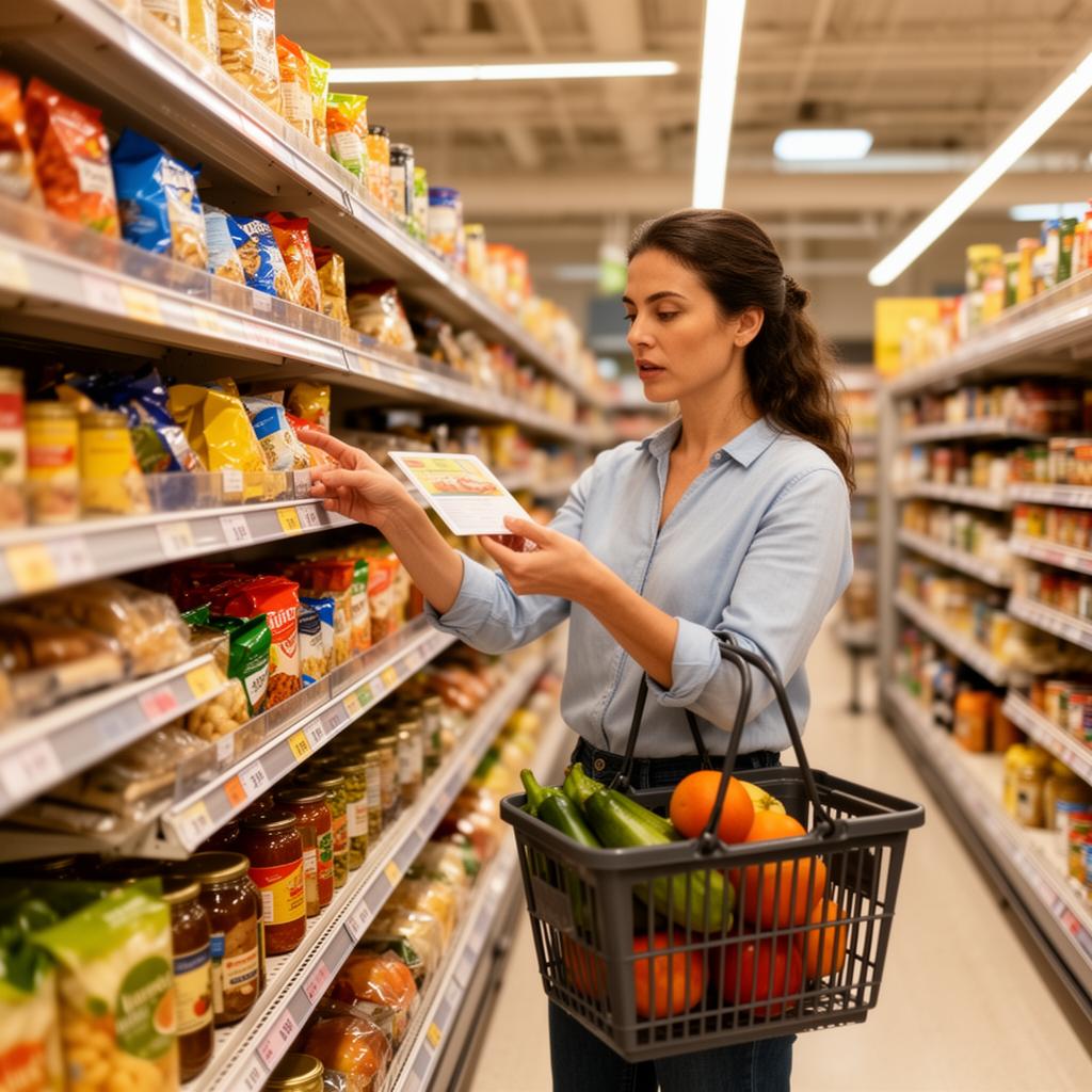 Woman checking prices carefully while grocery shopping with a basket in a supermarket aisle