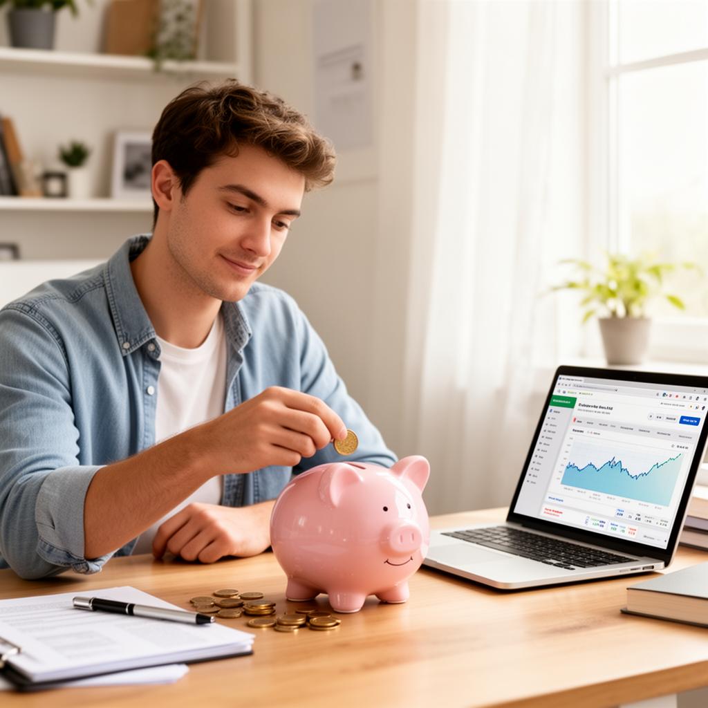 Young man putting coins into a piggy bank at his desk with a laptop nearby